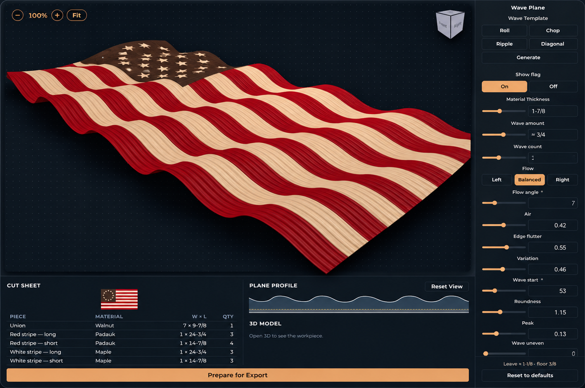 Flag Studio: dialing in the wave on a 3D wooden flag with ripple, flow and flutter controls