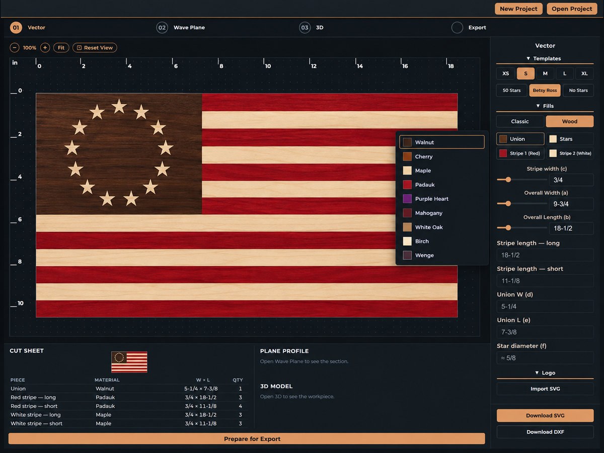 Flag Studio: a Betsy Ross flag filled with real wood species, with the cut sheet listing each piece's material