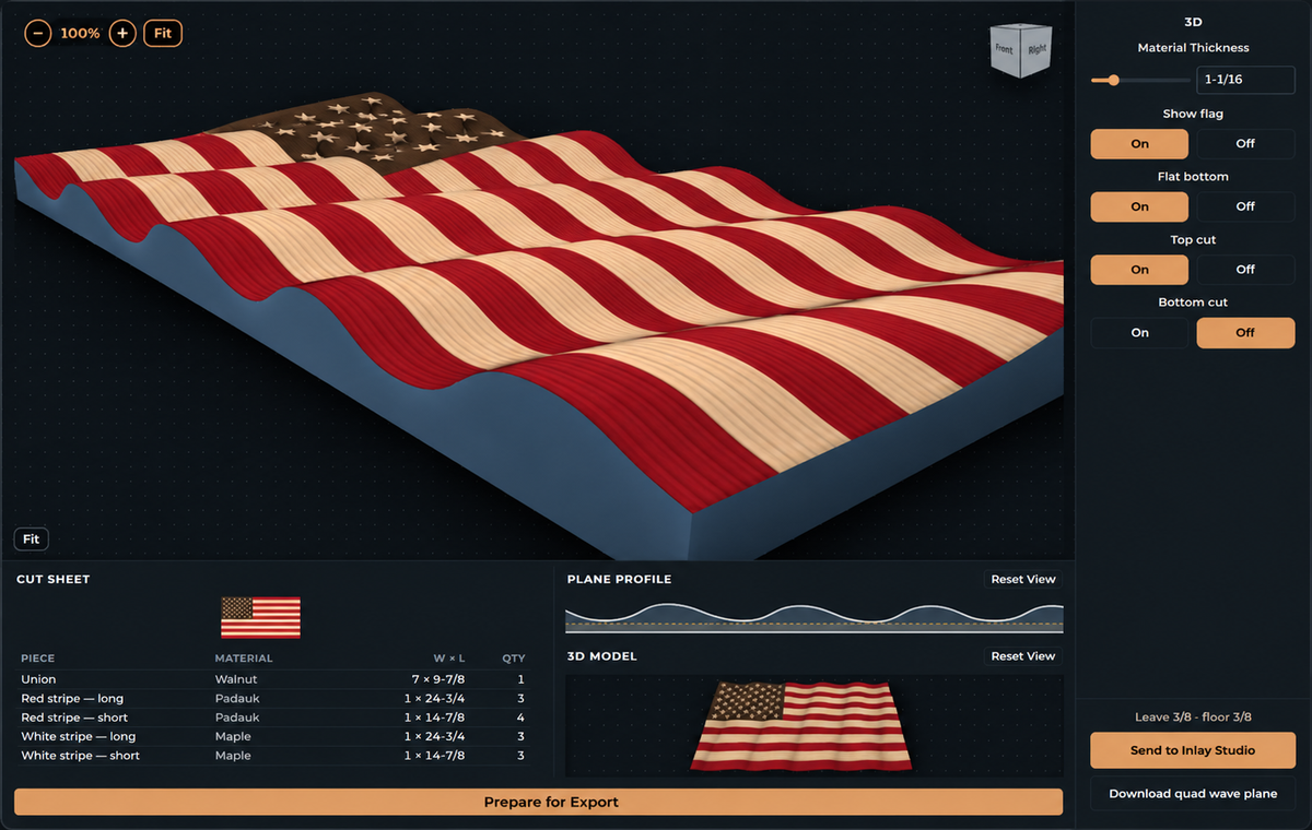 Flag Studio: the finished wavy flag in 3D on its stock, with material thickness and top and bottom cut controls