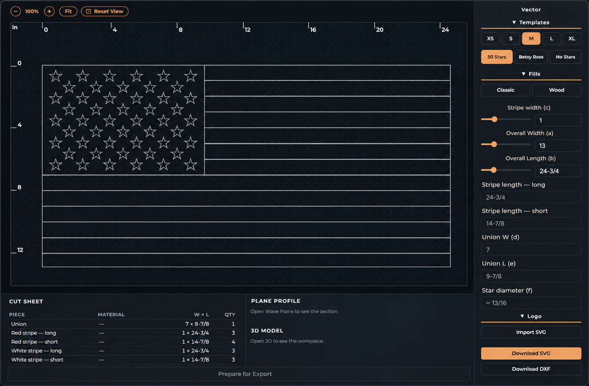 Flag Studio: starting from a US flag template, with the cut sheet and size controls